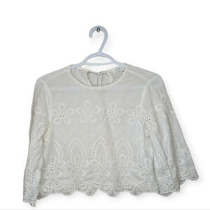 After Market Boho White Cropped Lace Eyelet Flowy Sleeve Top Women  Medium